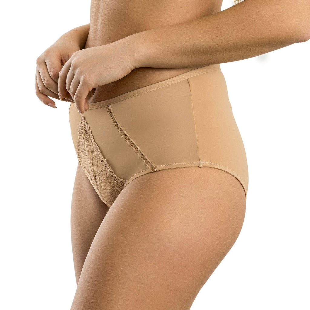 Parfait Lingerie Charlene high waist vintage brief in warm sand fabric, featuring retro-inspired design and comfortable fit.