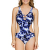 Front view of Parfait Lingerie Storm cut-out racerback one-piece swimsuit with ink print design.