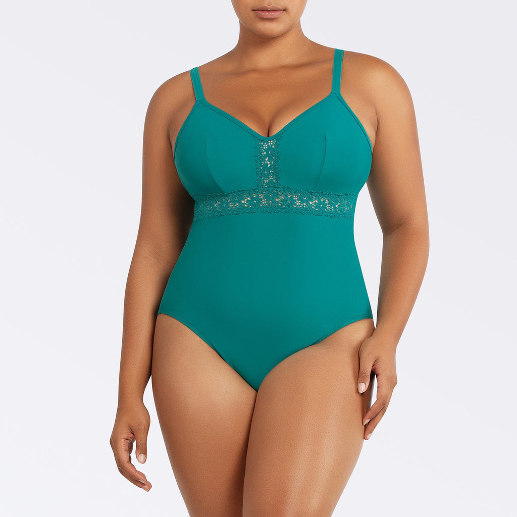 Parfait Lingerie PARFAIT Brigitte S8206 V-Neck One Piece Swimsuit with Lace Detail, Shelf Bra, and Full Coverage Fit - Dark Mint