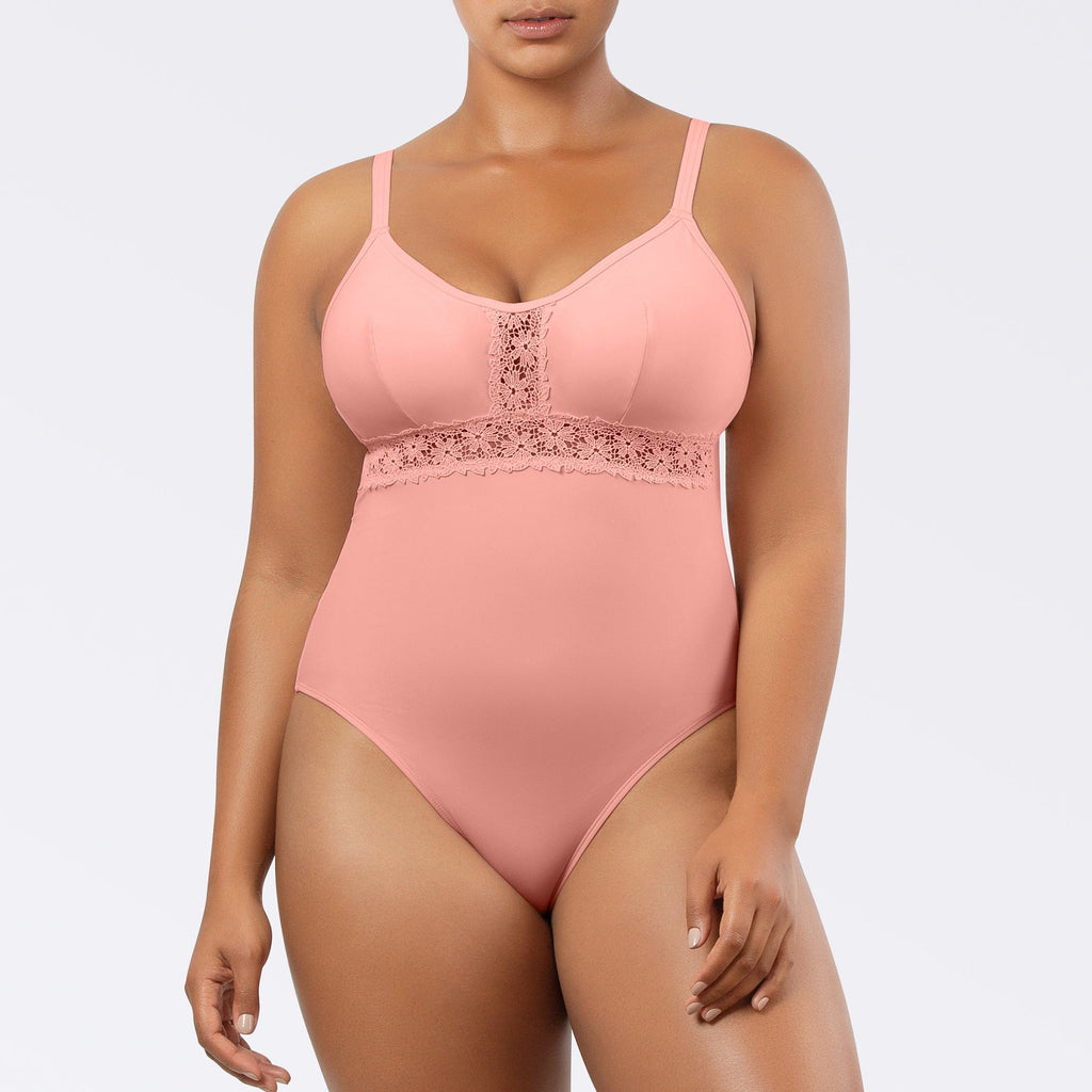 Parfait Lingerie PARFAIT Brigitte S8206 V-Neck One Piece Swimsuit with Lace Detail, Shelf Bra, and Full Coverage Fit - Peach Bud
