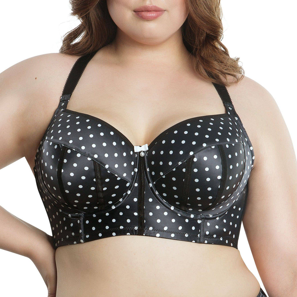 Black dot Charlotte full bust padded longline underwire bra by Parfait Lingerie, shown from the front with high-waisted briefs.