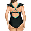Black Farah High Apex One Piece Swimsuit by Parfait Lingerie with deep V neck and frill detail, shown from the back.