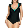 Black Farah high apex one-piece swimsuit by Parfait Lingerie with deep V neck and frill detail, featuring an emerald accent.