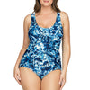 Parfait Lingerie Oceane microfiber one-piece swimsuit with splash print, knotted side detail, front view.