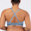 Parfait Lingerie Rita longline bikini top with cross back straps and shirred contour cups in Dream Blue, shown from the back.