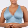 Parfait Lingerie Rita longline bikini top with cross back straps and shirred contour cups in dream blue, front view.