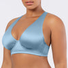 Parfait Lingerie Rita longline bikini top with cross back straps and shirred contour cups in Dream Blue, shown from side view.
