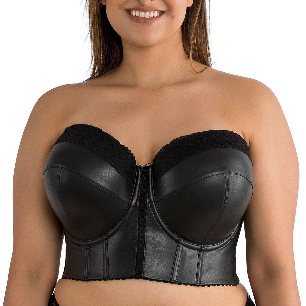Black Stevie longline strapless bustier by Parfait Lingerie featuring faux leather fabric and structured design, shown from the front.