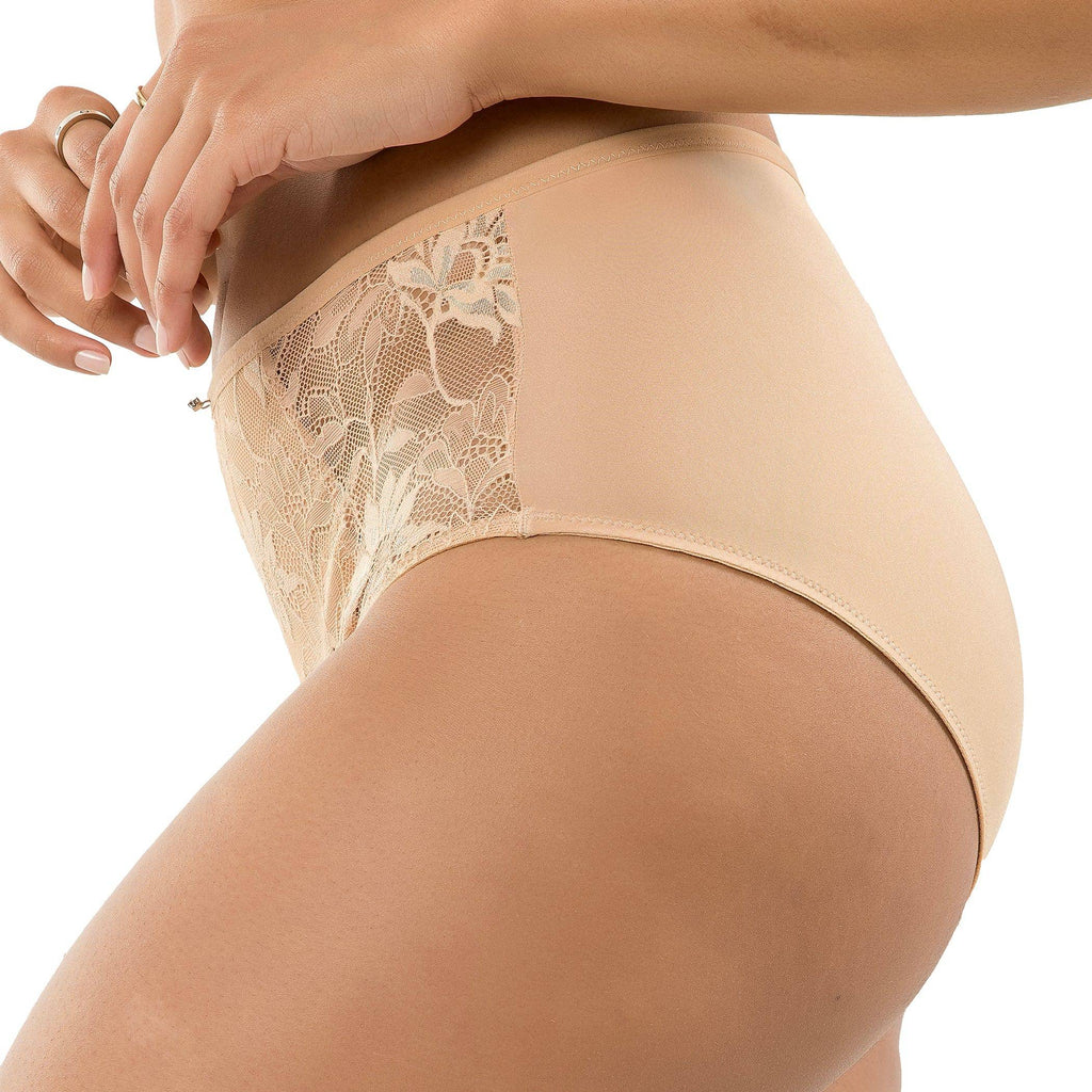 Parfait Lingerie Luxlacy lace high-waist brief in true nude, featuring delicate lace and full coverage for a comfortable fit.