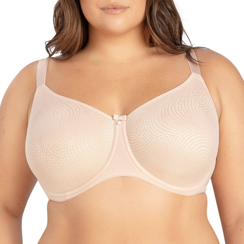 Parfait Lingerie Pearl Minimizer Full Bust Padded Bra in Cameo Rose, seamless design with pearl accents, front view.