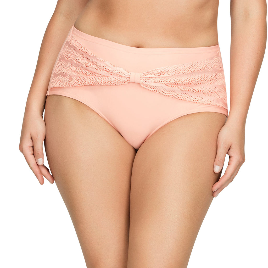 Parfait Lingerie PARFAIT Keira S8075 High-Waist Bikini Bottom with Crochet Lace Panel and Front Bow Detail - Peach