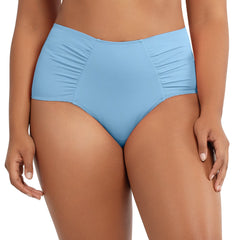 Front view of Parfait Lingerie Vivien high waist bikini bottom in Dream Blue with full coverage and retro style.