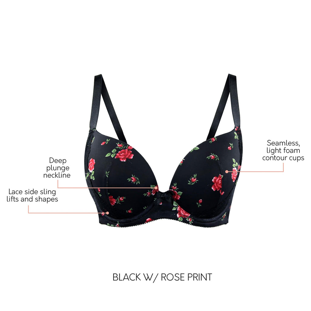 PARFAIT Casey T-Shirt Bra - Wired Padded Plunge, Black With Rose Print, Size 40GG UK