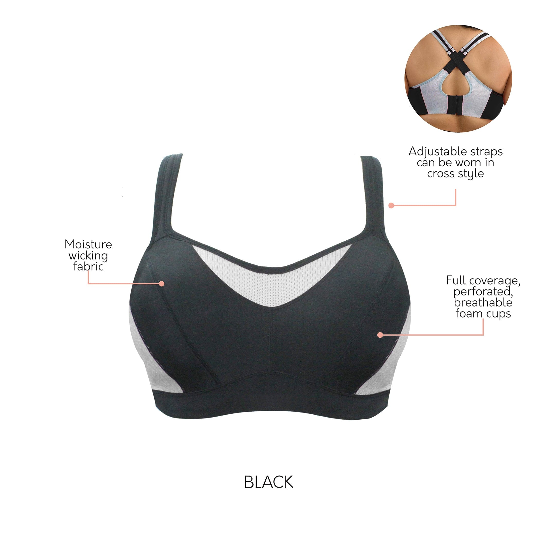 Dynamic Sports Bra, Black/Grey, Extreme Support & Moisture Regulating  Comfort