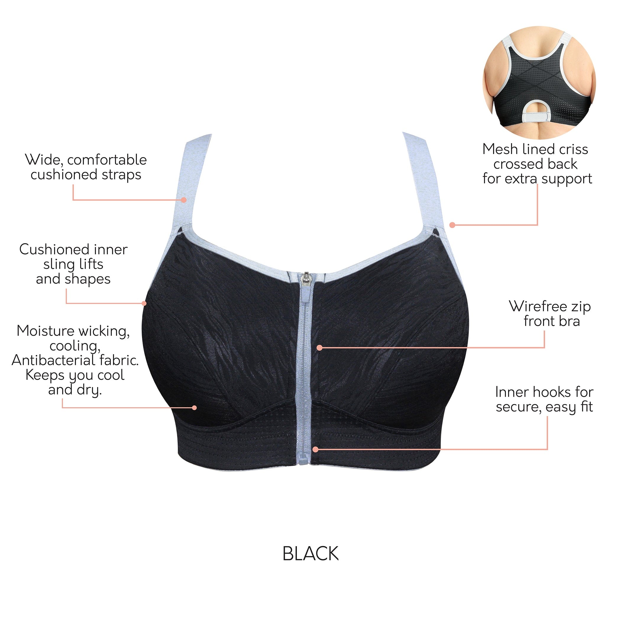 Comfort Support Zip Front Plus Size Sports Bra