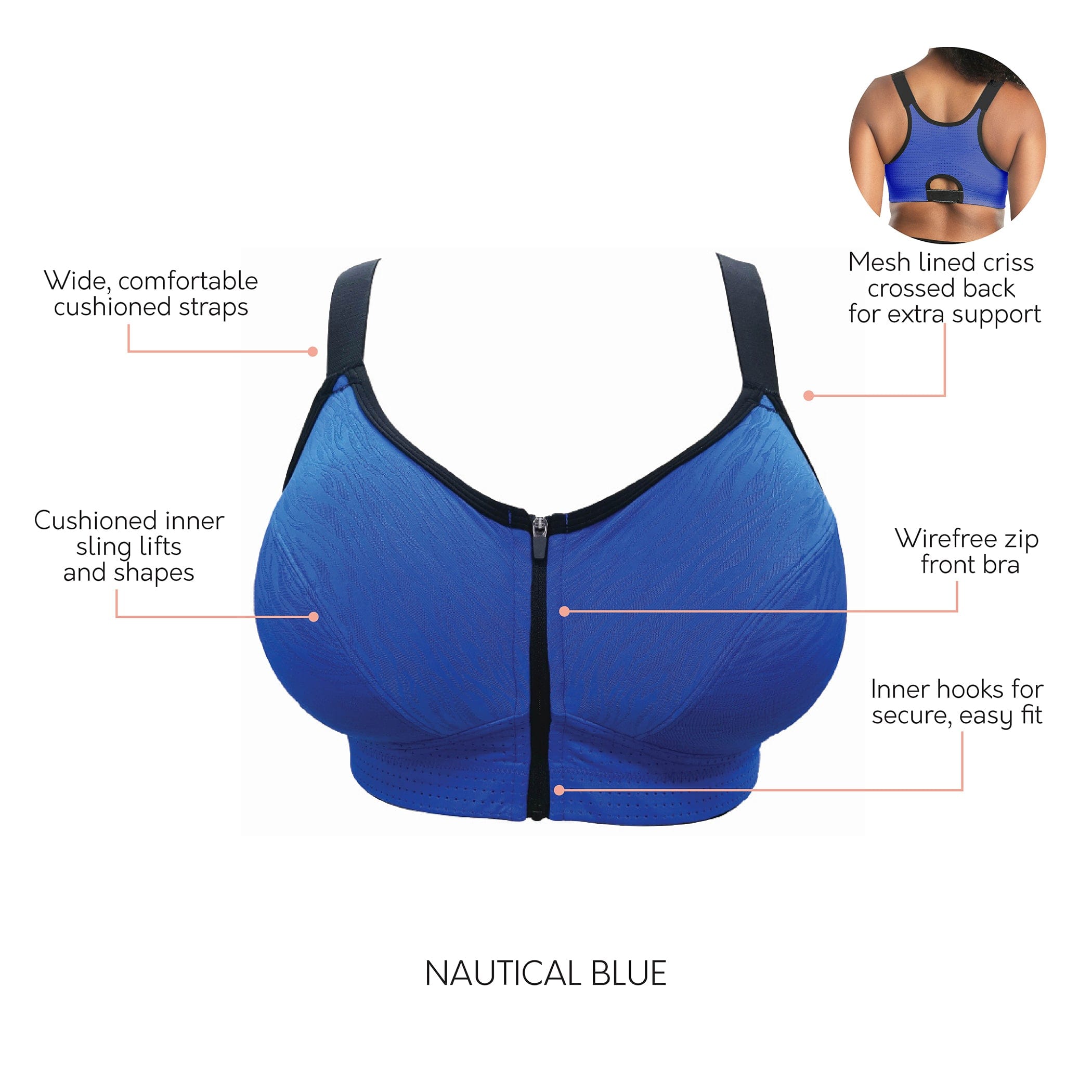 Parfait Women's Wave Wire-free Zip Front Sports Bra - Nautical Blue - 32dd  : Target