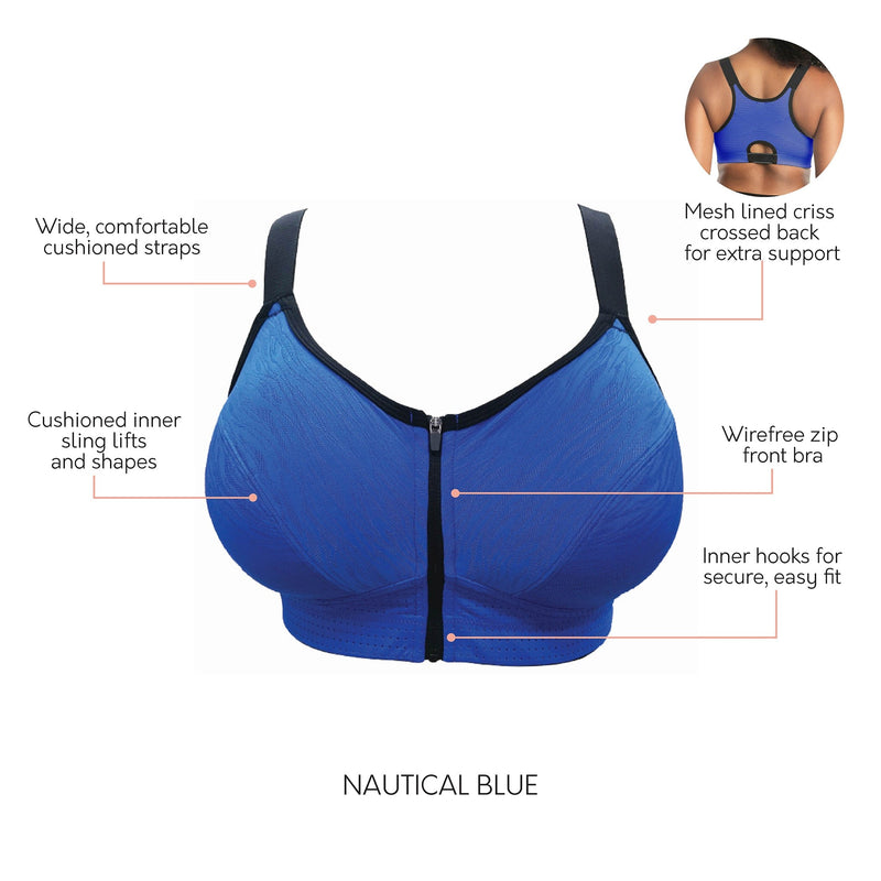 Copper Fit™ Racerback Zip-Front Sports Bra Nylon Blue size XL